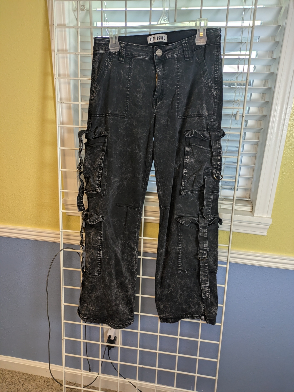 Disclosure Distressed Black Acid Wash Wide Leg Cargo Pants Grunge Y2K